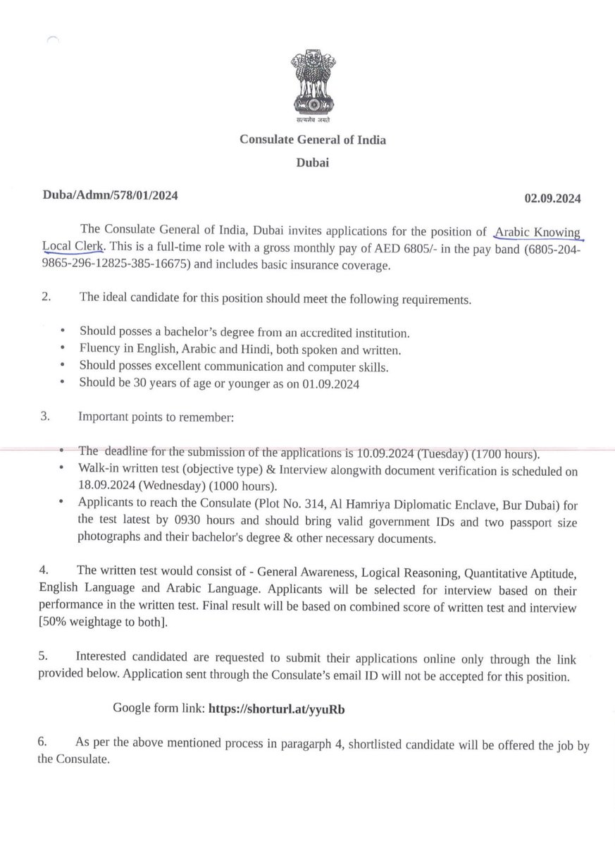 Immediate vacancy for the position of Arabic Knowing Local Clerk <a href="/cgidubai/">India in Dubai</a>.

Interested candidates are requested to submit their applications online on the below link:
shorturl.at/yyuRb
