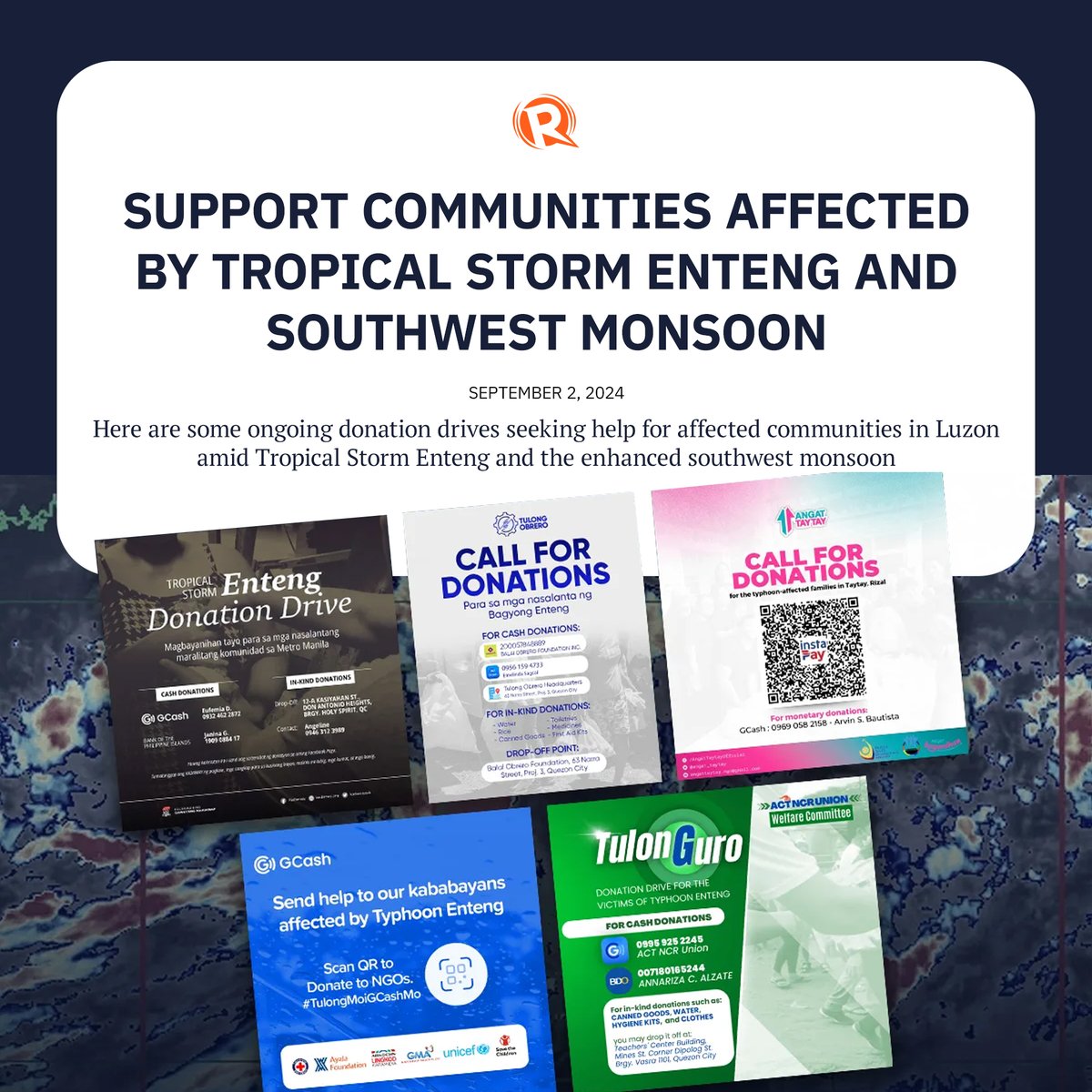 rapplerdotcom's tweet photo. To provide help for areas affected by #EntengPH and #HabagatPH, organizations and advocates have launched donation drives and relief operations. Here is a running list of donation drives you can reach out to: https://t.co/qnm6pHWYV6 https://t.co/g81pcb1Lao