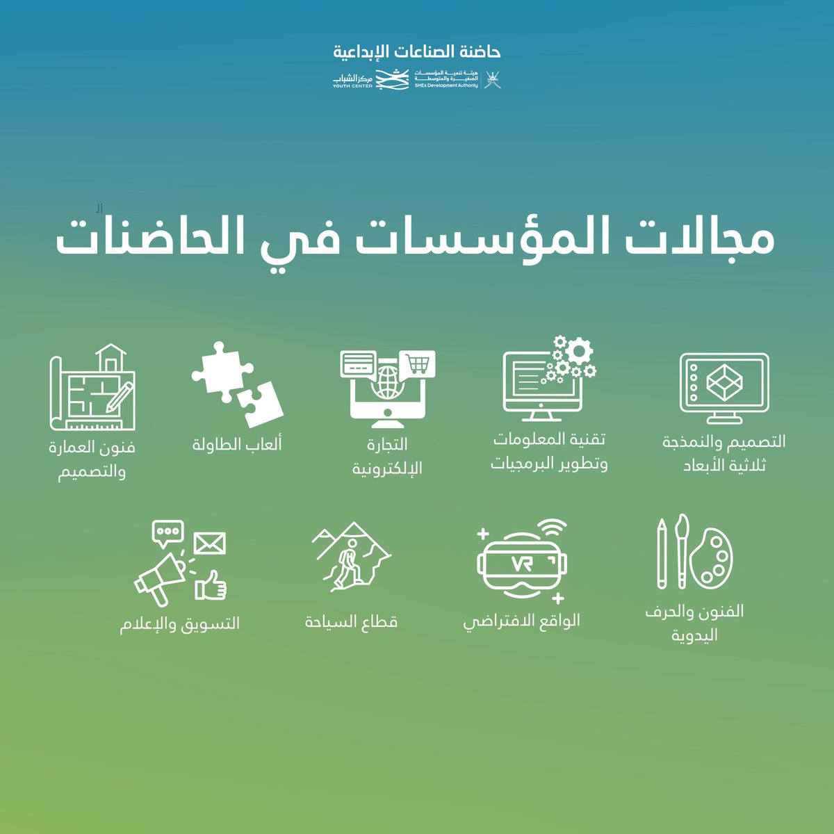 OmanIncubators's tweet photo. تعرّف على موقع الحاضنة، عدد المؤسسات المحتضنة ومجالاتها في الحاضنة🚀.

كن جزءًا من الحاضنة، وسجل الآن عبر الرابط في البايو.

حاضنة الصناعات الإبداعية — مركز الشباب📍

🔗 رابط التسجيل:
https://t.co/uVBqyVTKsf

📨 للتواصل:
omanincubators@sme.gov.om https://t.co/E0dLfZbZqU