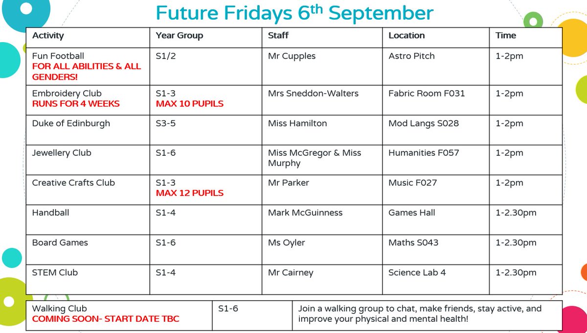 ⭐️FUTURE FRIDAYS 6TH SEPT⭐️
<a href="/CumbernauldAcad/">Cumbernauld Academy</a> <a href="/CumberAcadPE/">Cumbernauld Acad. PE 🏳️‍🌈</a> 
⚽️S1/2 Fun Football
🤾‍♂️S1-4 Handball
⛺️S3-5 Duke of Edinburgh
👩‍🔬S1-4 STEM
💎S1-6 Jewellery
🎲S1-6 Board Games
🪡S1-3 Embroidery
🖌️S1-3 Crafts

🚶‍♂️Walking Club coming soon!
