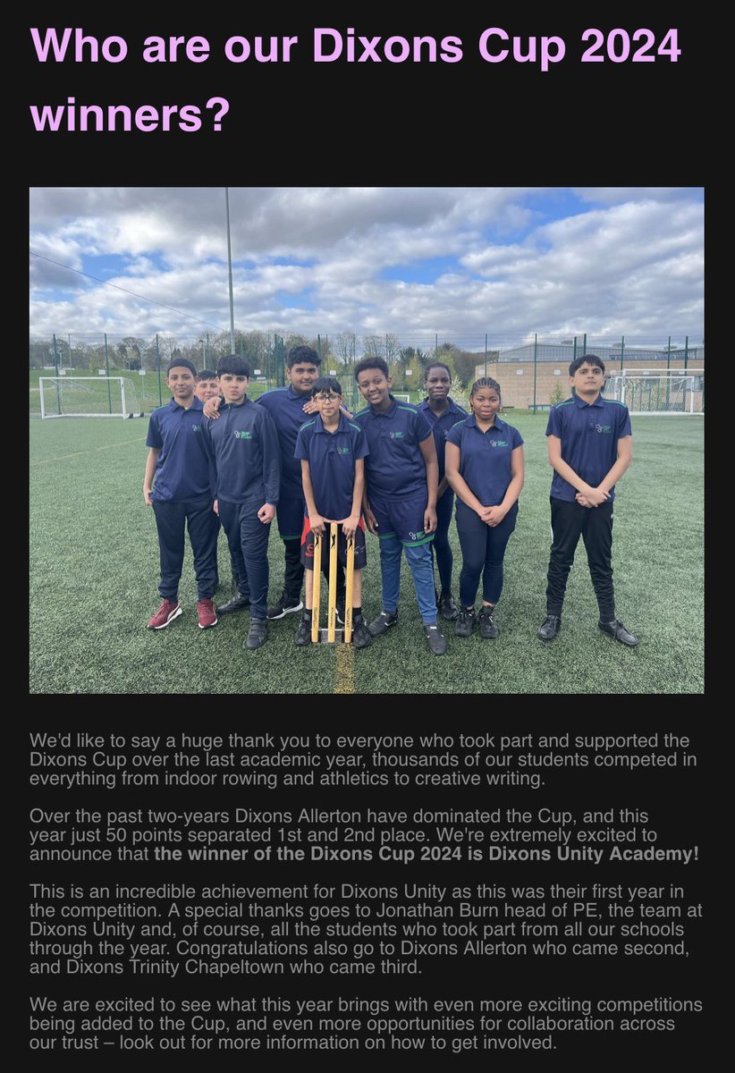 Who are the Dixons Cup 2024 winners?

Dixons Unity! 🎉

Well done to all staff and students that contributed towards this win. Our first full year of competing and we win!

Who will be the Dixons Cup 2025 winners?

<a href="/DixonsAcademies/">Dixons Academies Trust</a>