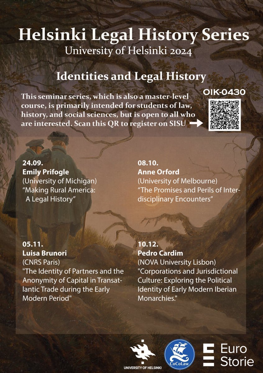 Dear students, scholars and anyone with an interests for Law and History. The HLHS continues with new exciting guests such as <a href="/EmilyAPrifogle/">Emily Prifogle, JD/PhD</a> @orford_anne @LouBrowngolds and Pedro Cardini. Students be sure to sign up to the course trough Sisu! #SuomenAkatemia #EuroStorie #CocoLaw