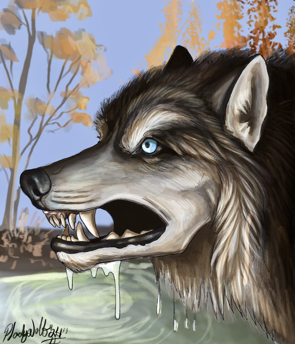 Tiaplady's tweet photo. Taking a moment to stop by the stream only to be interrupted . Cicero raises her head showing her teeth with a rather cold stare at the intruder we canโt see. Done in procreate.#procreate #digitalart #digital #wolfart #animewolf https://t.co/uDaWogOQXf