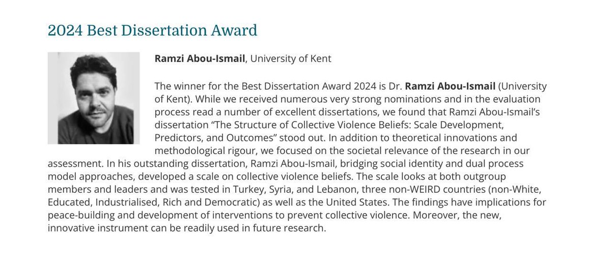 Dr. Ramzi Abou-Ismail (@ramziabouismail) on Twitter photo Honoured to receive the
2024 Best Dissertation Award from the <a href="/PolPsyISPP/">ISPP</a>
Grateful for this recognition and motivated to continue this important work! Shoutout to my supervisors and colleagues <a href="/PsychSengupta/">Nikhil Sengupta</a> <a href="/alekscichocka/">Prof Aleksandra Cichocka</a> <a href="/polpsychjoe/">Joe Phillips</a> <a href="/PSYPOLresearch/">PSYPOL 📊 Psychology & Public Policy Research Unit</a> <a href="/PolPsychKent/">PolPsych_Kent</a> Honoured to receive the
2024 Best Dissertation Award from the <a href="/PolPsyISPP/">ISPP</a>
Grateful for this recognition and motivated to continue this important work! Shoutout to my supervisors and colleagues <a href="/PsychSengupta/">Nikhil Sengupta</a> <a href="/alekscichocka/">Prof Aleksandra Cichocka</a> <a href="/polpsychjoe/">Joe Phillips</a> <a href="/PSYPOLresearch/">PSYPOL 📊 Psychology & Public Policy Research Unit</a> <a href="/PolPsychKent/">PolPsych_Kent</a>