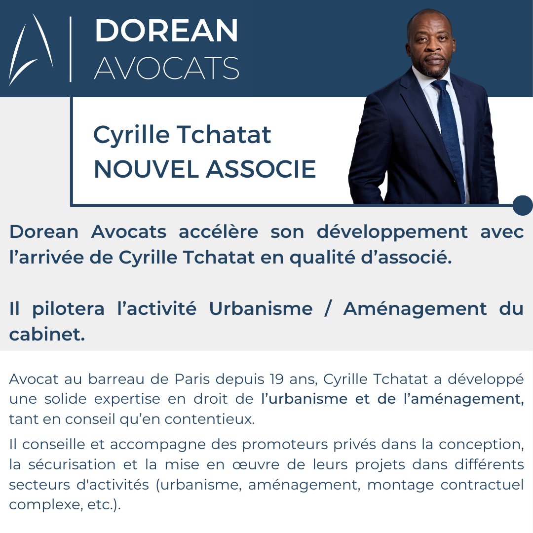 DoreanAvocats's tweet photo. 🚀 Nouvel Associé
Maître Cyrille Tchatat rejoint le cabinet Dorean Avocats en tant qu’associé.
#urbanisme #aménagement #avocats #Dorean https://t.co/6nAk0yGVAa