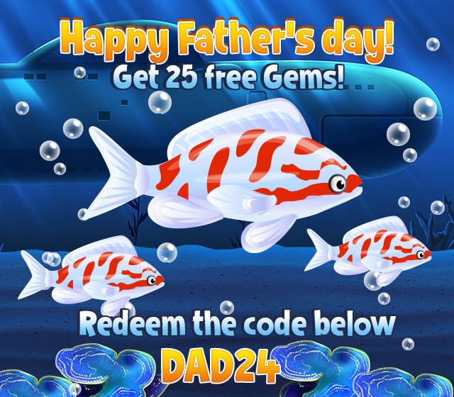 FishParadiseApp's tweet photo. 👨‍🔧👨‍🔧Happy Fathers Day! To celebrate we're giving everyone a gift of 25 gems. Redeem the code in game by going to the Fan page section. 👨‍🔧👨‍🔧 https://t.co/ih4RJ6xjO9