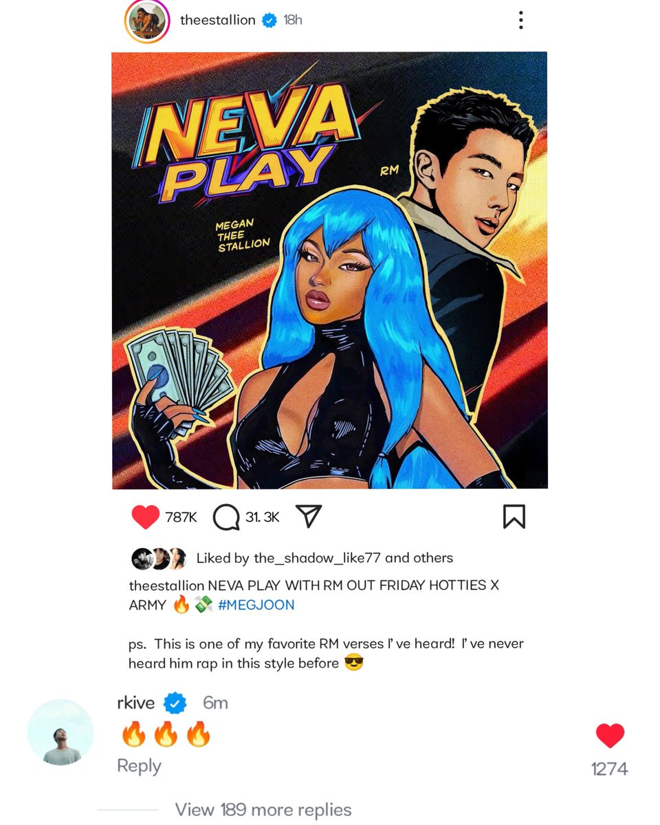 kimjeonayesha's tweet photo. Namjoon get Active on instagram and commented on Megan post with fire emoji ❤️‍🔥❤️‍🔥 oh lord save me. 
Can't control the excitement. 

NEVA PLAY IS COMING
MEGJOON IS COMING
RM X MEGAN ARE COMING
RM IS COMING
NAMJOON IS COMING
#NevaPlay #RM #MEGANxRM
#RMxMEGTANTHESTALLION https://t.co/V40QD50isT
