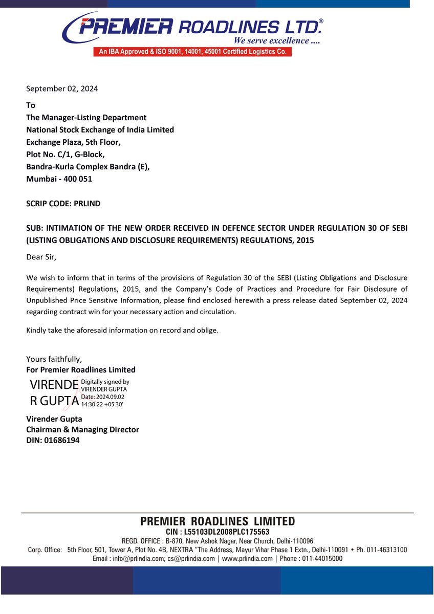 nileshkurhade's tweet image. 📌 Premier Roadlines Ltd informed the exchange about securing an order worth approximately ₹5 Crore for transportation of goods in the defense sector. This marks the company's entry into the defense logistics industry, with the order tenure being 1 year. #SME #PRLIND 🚚🛡️