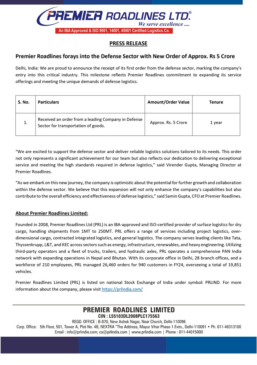 nileshkurhade's tweet image. 📌 Premier Roadlines Ltd informed the exchange about securing an order worth approximately ₹5 Crore for transportation of goods in the defense sector. This marks the company's entry into the defense logistics industry, with the order tenure being 1 year. #SME #PRLIND 🚚🛡️