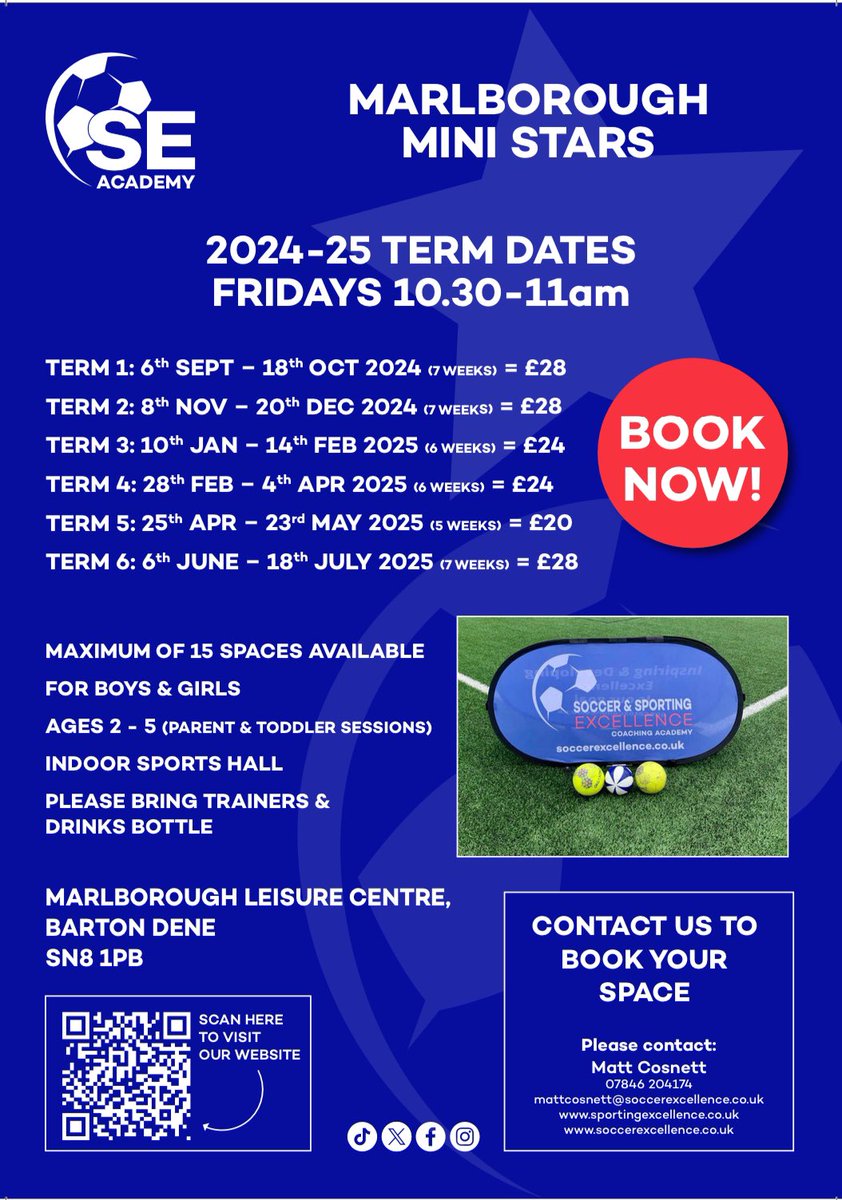 Our Popular Marlborough Development and Mini Star sessions return this week

Sessions are run by FA Qualified coaches who make sure the children have great fun while learning 

Contact us now to book
<a href="/MarlboroughYFC/">Marlborough Youth FC</a> 
<a href="/YSswindon/">Your Sport Swindon</a> 
<a href="/nwyfleague/">North Wilts League</a>