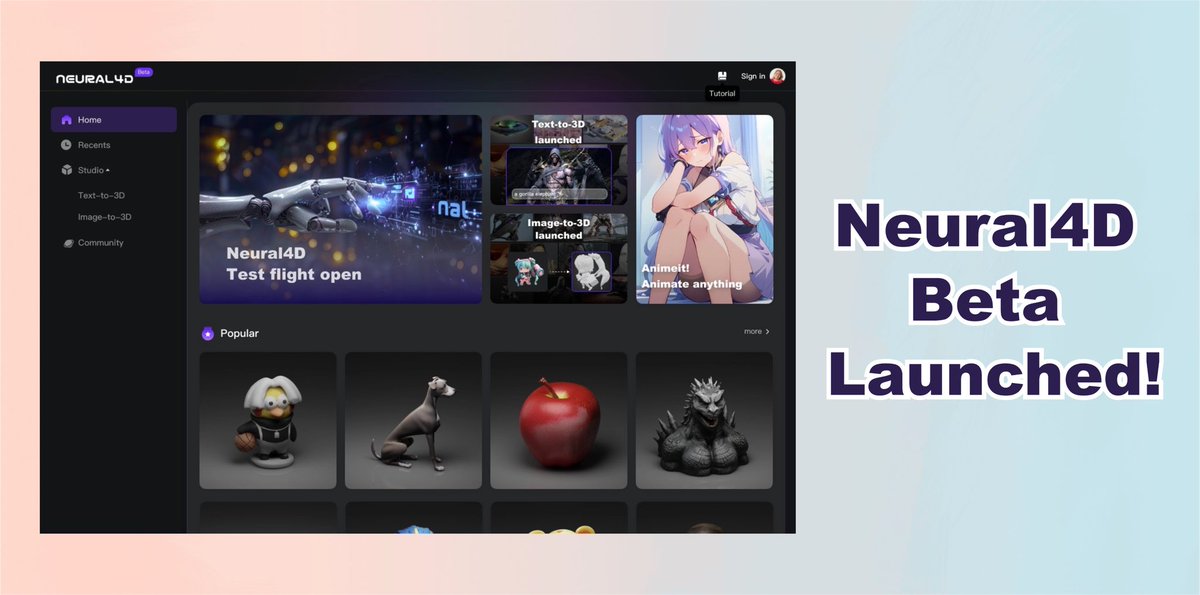 DreamTechAI's tweet image. ☄️Introducing Neural4D: Your gateway to 3D creativity!
💡Transform your ideas into 3D art in minutes with our Text-to-3D &amp;amp; Image-to-3D features.
🎊Join us now and unleash your imagination at neural4d.com

#GenerativeAI #AIArtwork #3D #AI #Neural4D