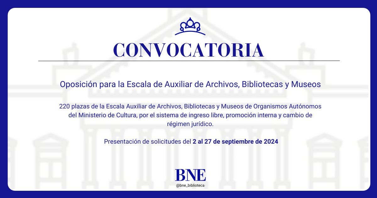 CONVOCATORIA ABIERTA.

220 plazas de la Escala Auxiliar de Archivos, Bibliotecas y Museos de Organismos Autónomos del Ministerio de Cultura.

Plazo de inscripción: del 2 al 27 de septiembre de 2024.

Más información en: lnkd.in/dwcJatkv