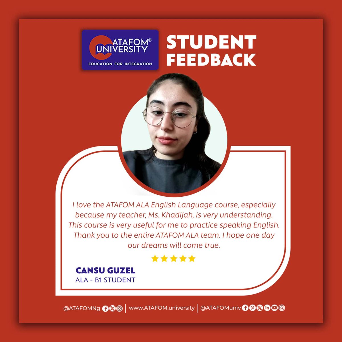 STUDENT FEEDBACK

Cansu Guzel ( ALA-B1 Student ) shares her Experience at ATAFOM University International

Visit Our Website: ATAFOM.university

#Studentfeedbacks #ATAFOM
#ATAFOMNg #nigeria #onlineuniversity #ATAFOMLanguageAcademy
#ATAFOMUniversity #education #SakirYavuz