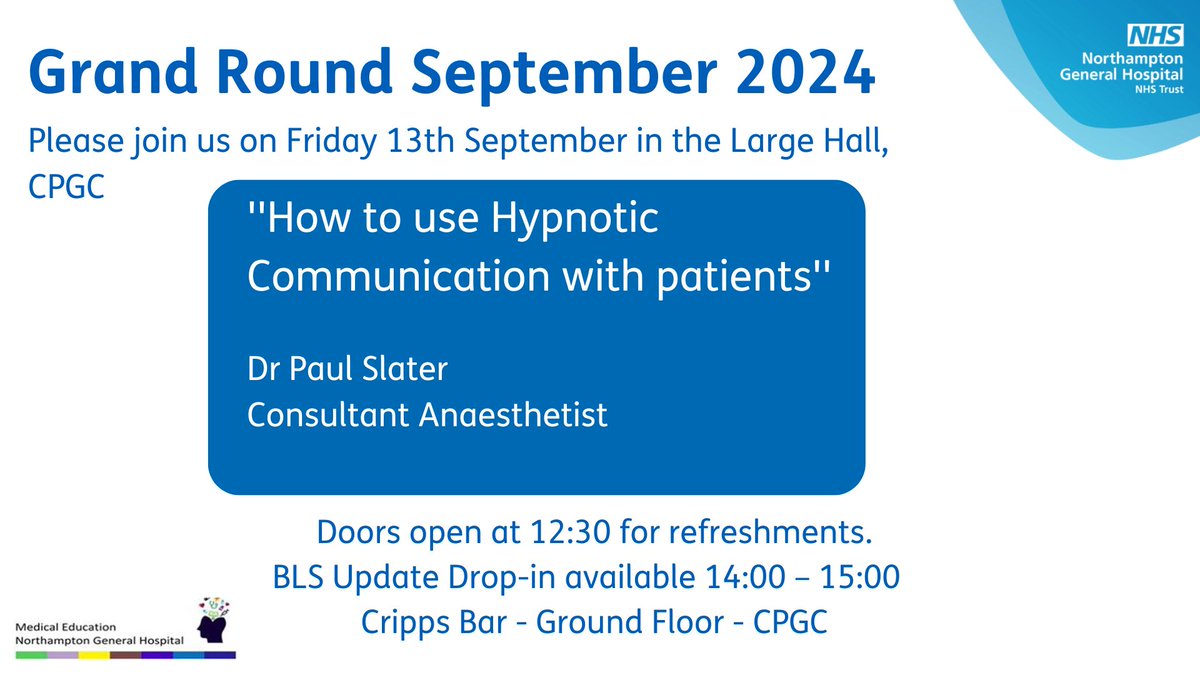Join us for Septembers Grand Round on 13th September. All are welcome!

<a href="/NGHTherapies/">NGH Therapies</a> <a href="/NGHcare/">CriticalCareNGH</a> <a href="/NGHPPD/">NGH P&P Development</a> @NGHEDteam <a href="/nghpallcare/">Palliative Care @ NGH</a>
