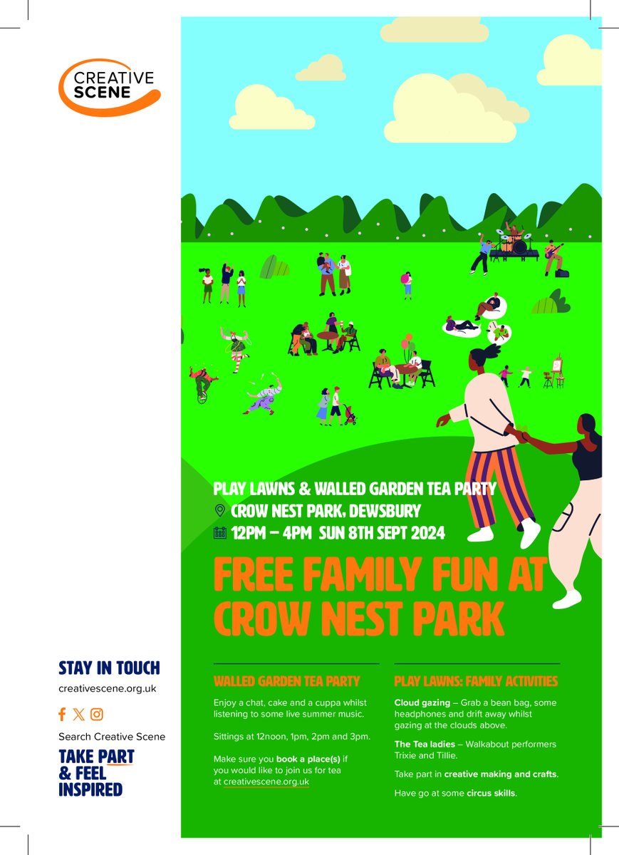 #JoinUs and Friends of Crow Nest Park for our FREE, family event this Sunday (8th Sept) for #HODs.

Cloud gazing, circus skills, arts and crafts and the Tea Ladies.

Play Lawns - no need to book. Tea Party - book in advance - bit.ly/3uE7vEW

#dewsbury #Heritage