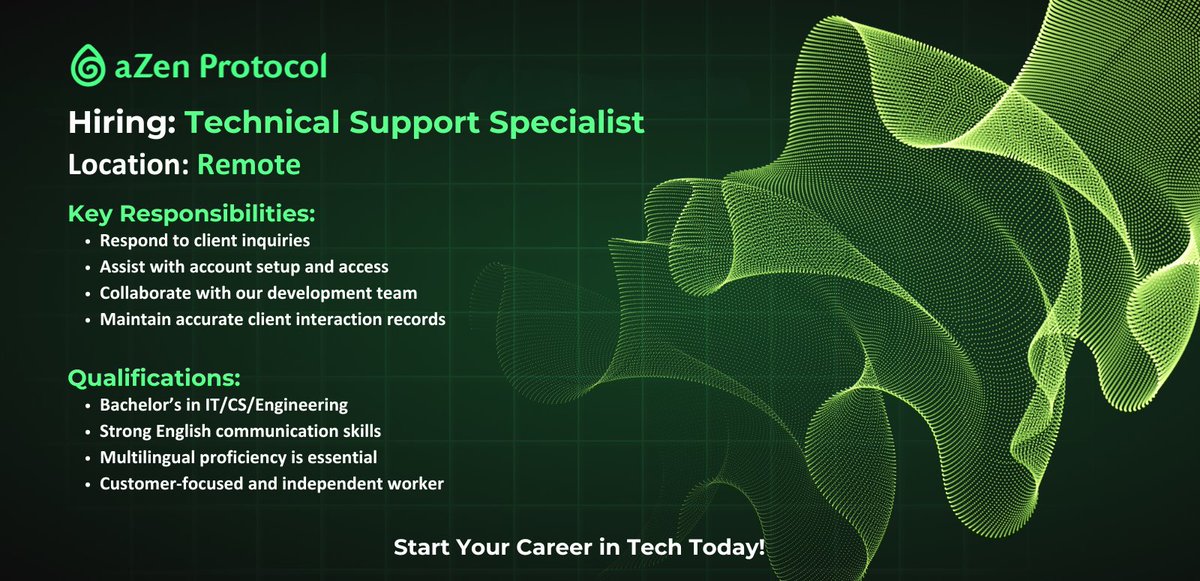 We're Hiring! 🌟

Apply now - docs.google.com/forms/d/e/1FAI…

Join aZen Protocols as a Technical Support Specialist and kickstart your tech career with a global leader in Cloud and Decentralized Computing! 💻🌐

Location: Remote
Role: Provide online support, assist with product