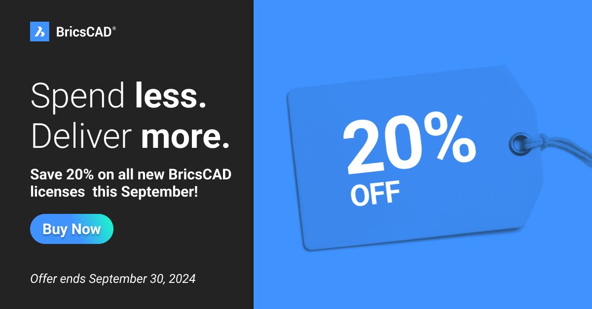 bricsys's tweet image. #BricsCADPromo alert! 🚨 

Are you ready to spend less and deliver more? 
Now is your chance.

Until September 30th, you can save 20% on ALL new #BricsCAD licenses.

Get your license today. 
brics.ly/47rcXKN

#SpendLessDeliverMore