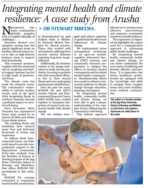 Dr. Stewart Mbelwa from AKU SONAM Tanzania highlights how climate change, alcohol misuse, and economic pressures strain families. Through integrated mental health support and resilience-building, <a href="/akusonamea/">AKU School of Nursing and Midwifery, East Africa</a> empowers communities to tackle these challenges.  

Read more!