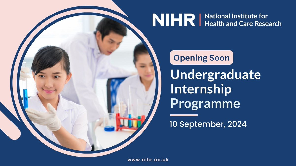 Early to mid-career researchers with a PhD, get ready! The NIHR Undergrad Internship Programme (UIP) is opening soon.

Get funding to host up to 3 interns from underrepresented professions.

Opens 10 September. Learn more nihr.ac.uk/funding/nihr-u…

#Undergrad #Internship #Research