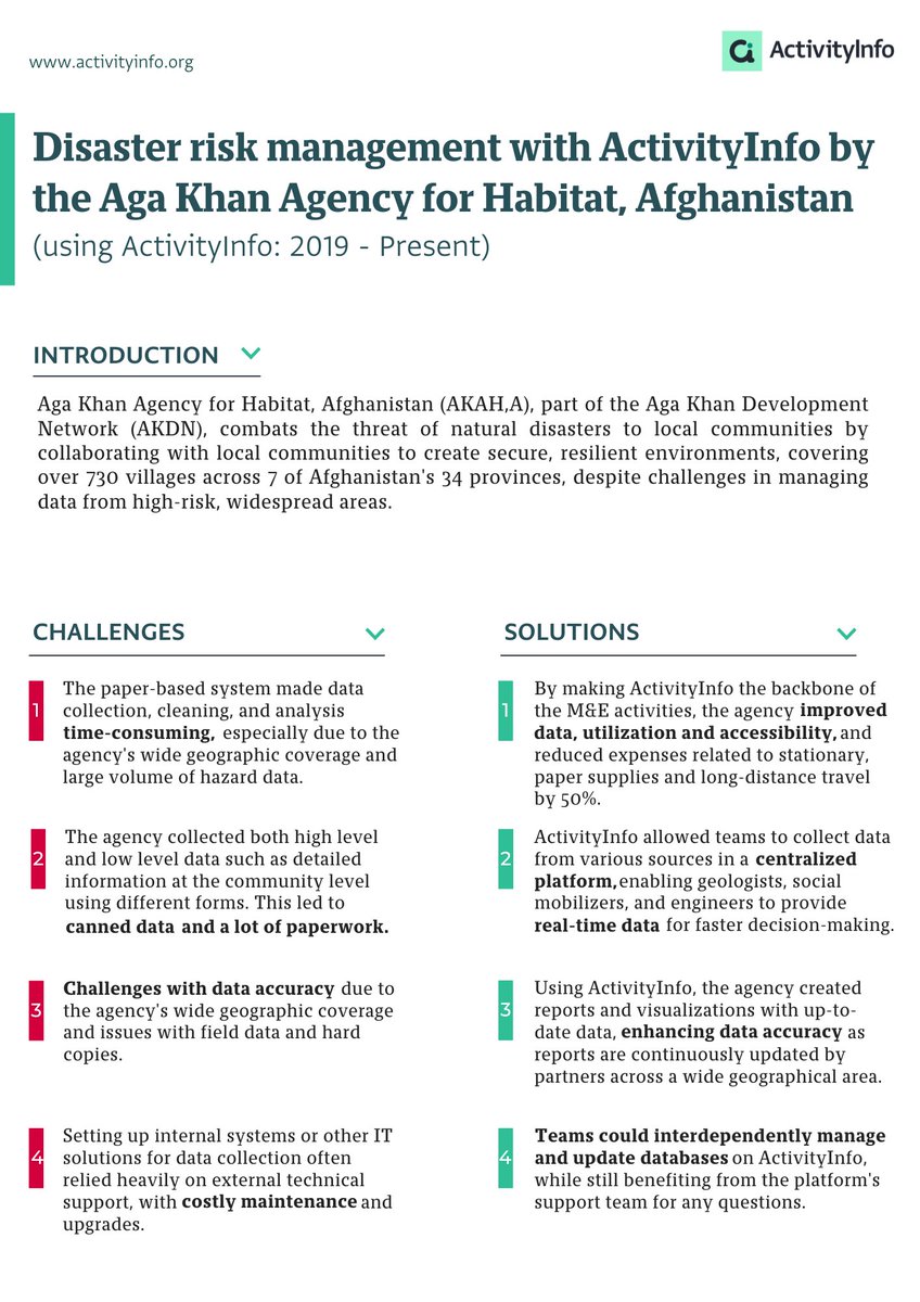 Take a look at the following challenges and solutions, to see how AKAH,A efficiently managed disaster risk information using ActivityInfo. 

#InformationManagement #MonitoringAndEvaluation #DisasterRiskManagement