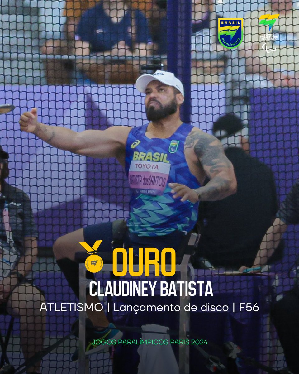 🥇🥇🥇 TRÊS VEZES ELE! 

Com direito a recorde paralímpico, Claudiney Santos conquistou a medalha de ouro no lançamento de disco F56 em #Paris2024. Essa é a terceira medalha dourada do nosso atleta na história dos #JogosParalímpicos!

Com a distância de 46m86, Claudiney atingiu o