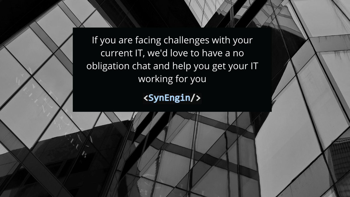 Is your business IT letting you down? Perhaps you think it could perform better.

If you are facing challenges with your current IT, we'd love to have a no obligation chat and help you get your IT working for you

outlook.office365.com/.../SynEngin..… #ITchallenges #makeITworkforyou