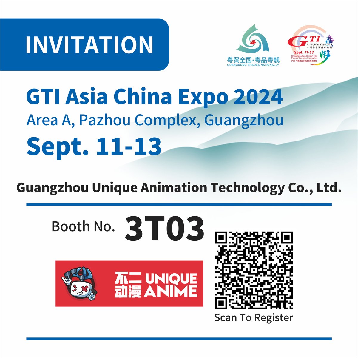 GuangzhouUniqu1's tweet image. Join us at the GTI Asia China Expo 2024!
Visit us at Booth NO. 3T03, Area A, Pazhou Complex, Guangzhou, from Sept. 11-13.
Discover our latest innovations in animation technology and see how we can support your business needs.
#GTIAsia2024 #AnimationTechnology #GuangzhouExpo
