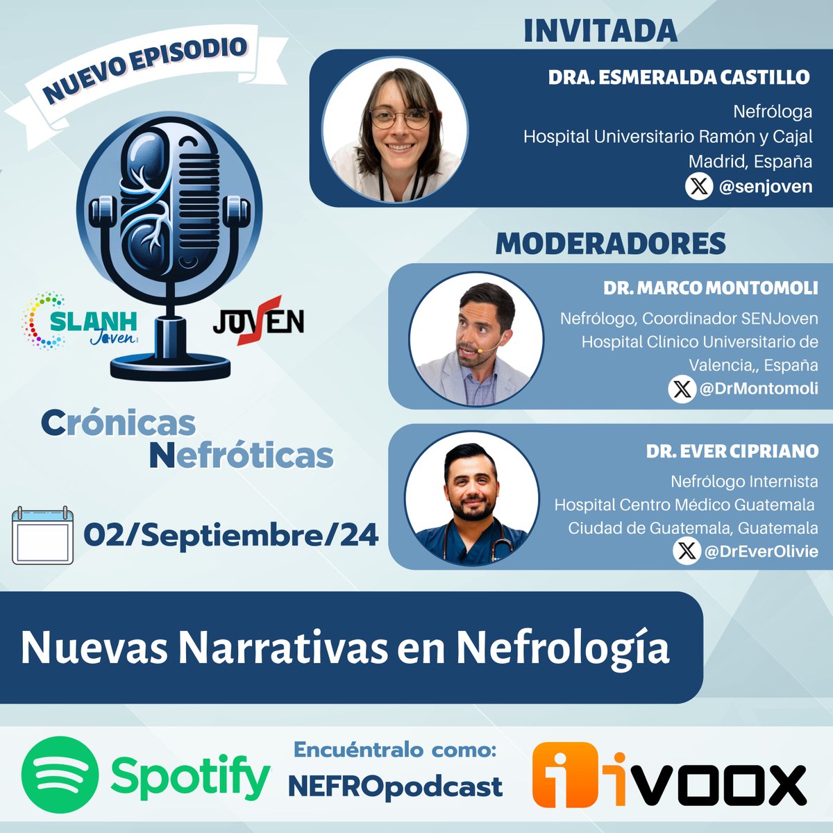 S.E.N. Nefrología (@senefrologia) on Twitter photo 🎧🎧Llega #septiembre y publicamos un nuevo #Nefropodcast de #CrónicasNefróticas dedicado a la educación como herramienta de empoderamiento en la ERC.
Escucha a Esmeralda Castillo <a href="/senjoven/">JovSEN</a>, <a href="/DrMontomoli/">Marco Montomoli</a> y a <a href="/DREVEROLIVIE/">EVER OLIVIE CIPRIANO</a> en <a href="/ivoox/">iVoox</a> y <a href="/Spotify/">Spotify</a>: go.ivoox.com/rf/133376824 <a href="/SLANH_/">SLANH</a> 🎧🎧Llega #septiembre y publicamos un nuevo #Nefropodcast de #CrónicasNefróticas dedicado a la educación como herramienta de empoderamiento en la ERC.
Escucha a Esmeralda Castillo <a href="/senjoven/">JovSEN</a>, <a href="/DrMontomoli/">Marco Montomoli</a> y a <a href="/DREVEROLIVIE/">EVER OLIVIE CIPRIANO</a> en <a href="/ivoox/">iVoox</a> y <a href="/Spotify/">Spotify</a>: go.ivoox.com/rf/133376824 <a href="/SLANH_/">SLANH</a>