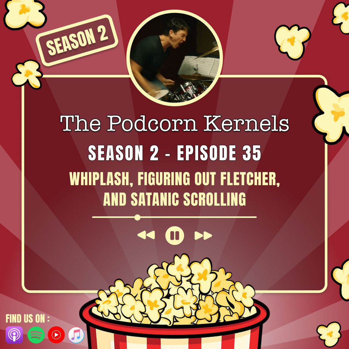 S02. E35: Whiplash, Figuring Out Fletcher, and Satanic Scrolling is now live! Listen on Spotify by clicking the link below 👇 

open.spotify.com/episode/51vuNZ…

Or you can choose a different platform from our link-tree:

linktr.ee/thepodcornkern…

#FilmX
#MovieNight #MovieReview