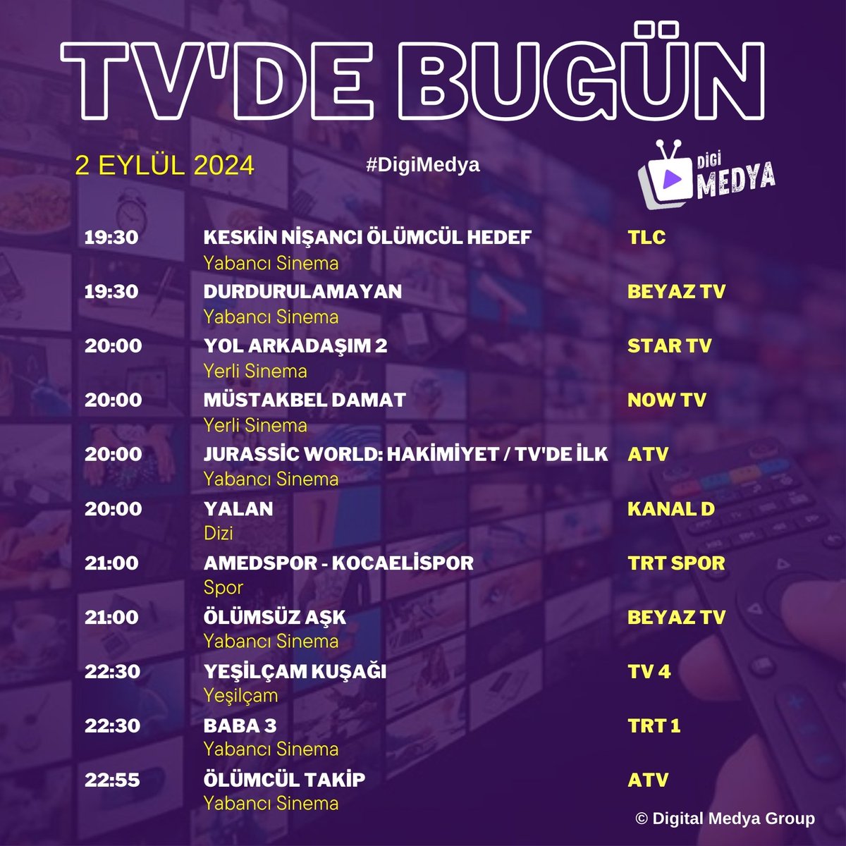 novamedyatr's tweet photo. Tv'de bugün | 2 Eylül Pazartesi #DigiMedya https://t.co/Gmw3TY6BV2