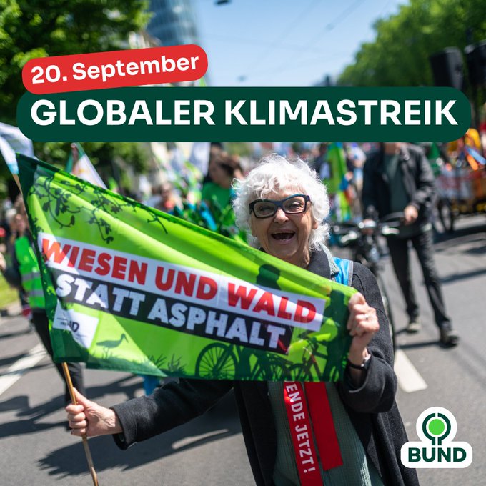 Foto zeigt Person mit Flagge: "Wiesen und Wald - statt Asphalt" Mit Textbalken: Globaler Klimastreik - 20. September