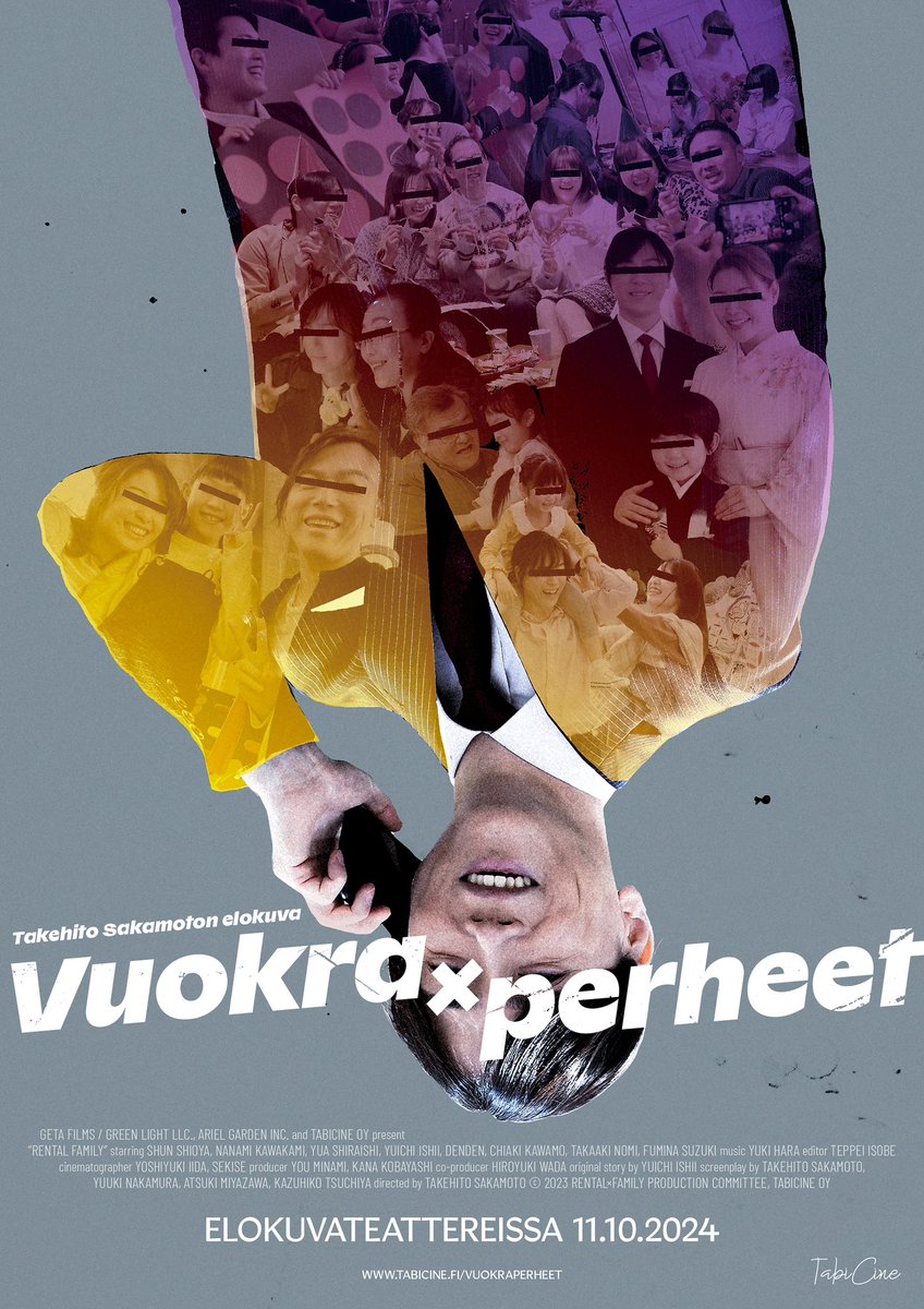 Seuraava elokuvamme Vuokraperheet on teattereissa 11. lokakuuta.

Mikami pyörittää yritystä, joka vuokraa perheenjäseniä, sukulaisia ja ystäviä. Hän näyttelee milloin isää, milloin poikaa, milloin rakastajaa. Jotkut jäävät kuitenkin rahalla ostettuun onneen myös koukkuun.