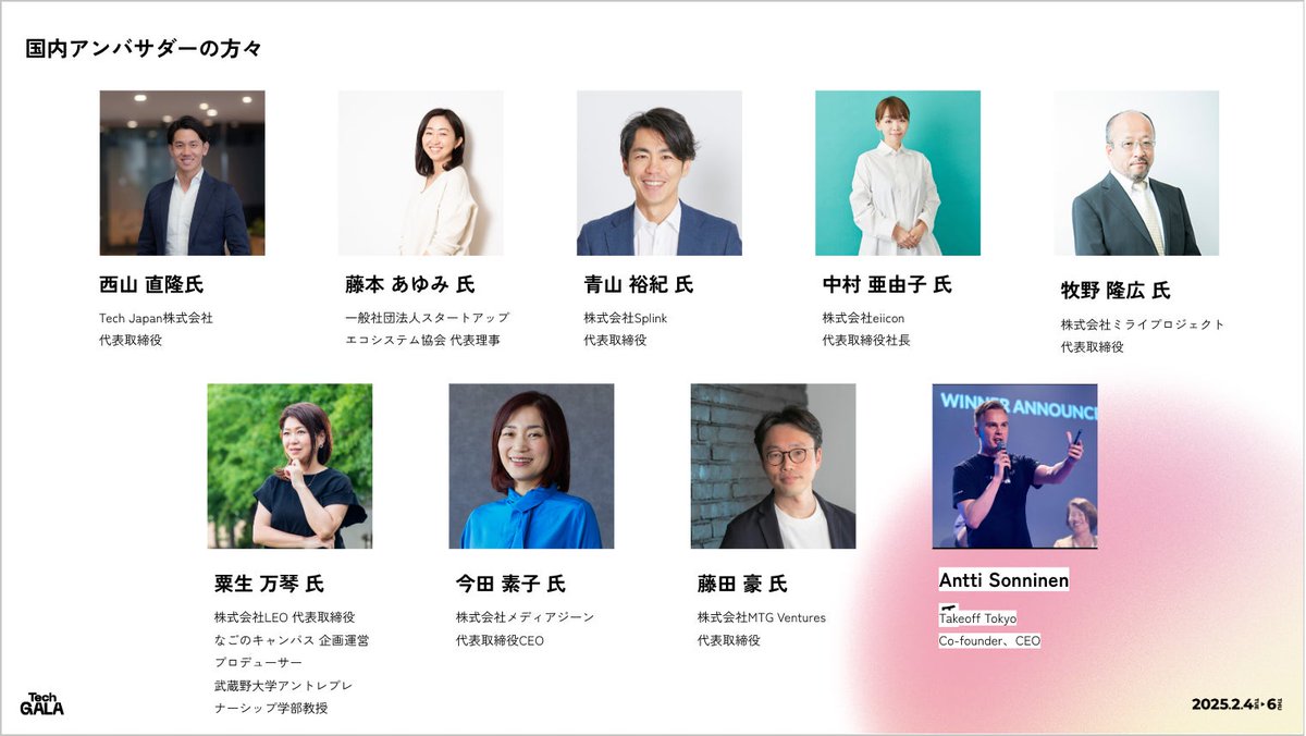 auba_oi's tweet photo. 【『TechGALA Japan』アンバサダーに弊社 株式会社eiicon 代表/founderの #中村亜由子 が就任いたしました】
プレスリリース(9月2日 18時30分発表)▷ https://t.co/mM1n7DcPJd
2025年2月4日〜6日名古屋にて開催。世界から5000名以上が集う、地球の未来を拓くテクノロジーの祭典。
TechGALA実行委員会とともに、イベント全体を一緒に盛り上げてまいります。公式サイト▷ https://t.co/S6goIHEj7L
『TechGALA Japan』は、国内のみならず世界中からいま現在の社会をリードする各分野のプロフェッショナルたちが集結。革新的なテクノロジーや社会創造などさまざまな文脈で、世界的なネットワークを創出するグローバルイベントです。
セッションプログラムは多岐にわたり、愛知・名古屋が世界に誇るモビリティ、マテリアル、宇宙産業、ライフサイエンスなど、各分野において、最前線で活躍する方々が一堂に会します。また、世界中から集まった参加者とのネットワーキングやパーティー、最先端企業の展示ブースでの技術体験、新進気鋭のスタートアップによるピッチコンテスト、さらにはハッカソンや名古屋全体を巻き込んだサイドイベントなど、数多くのインタラクティブな体験を用意しています。
TechGALAに参加することで、グローバルかつ最先端の技術と、イベント終了後も続くコミュニティがあなたを待っているでしょう。一期一会ではない、継続的な交流と学びの場を提供。あなたのキャリアと視野を大きく広げる、まさに世界規模のイノベーションの祭典です。
#TechGALA #TechGALAJapan
#イノベーション #イノベーション後進国からオープンイノベーション先進国へ #共創 #スタートアップ #オープンイノベーション #eiicon #AUBA
@TechGALA_Japan @ayuko_eiicon