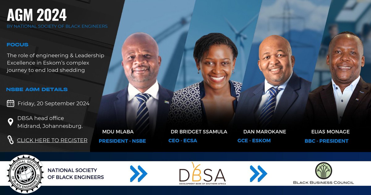 NSBEsa's tweet photo. We are excited to announce our upcoming Annual General Meeting (AGM) scheduled for 20 September 2024. This year, we have the honor of hosting Dr. Bridget Ssamula (ECSA CEO), Mr. Dan Marokane (Eskom GCE), and Mr. Elias Monage (BBC President) as our guest speakers. https://t.co/mjazGNO0Dc