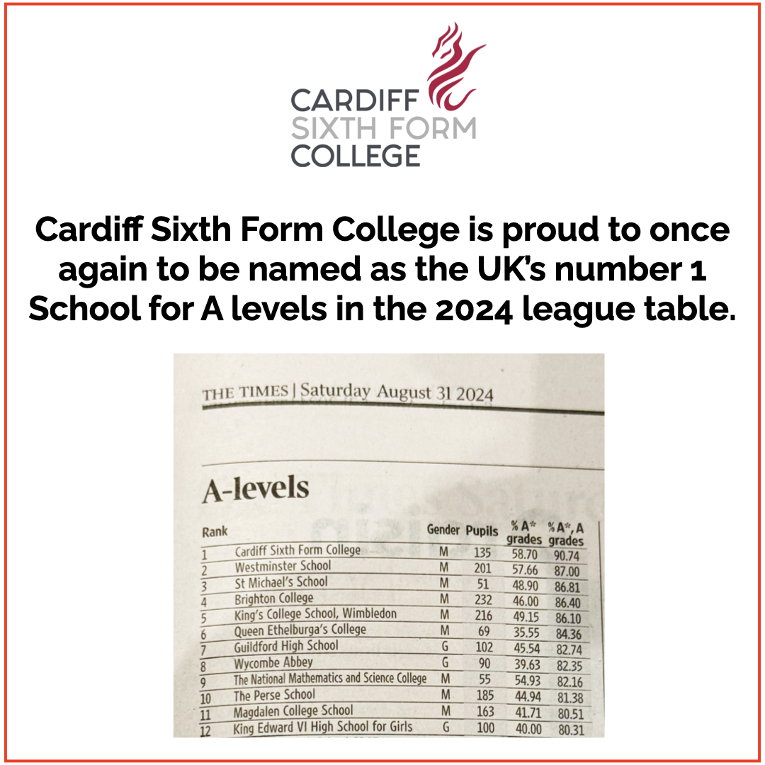 Cardiff Sixth Form College is proud to once again to be named as the UK’s number 1 school for A levels in the 2024 league table.
This year’s results confirmed the college’s preeminent position, achieving  58.7% A* &amp; 90.7% A*-A grades. Congratulations to the students and staff.