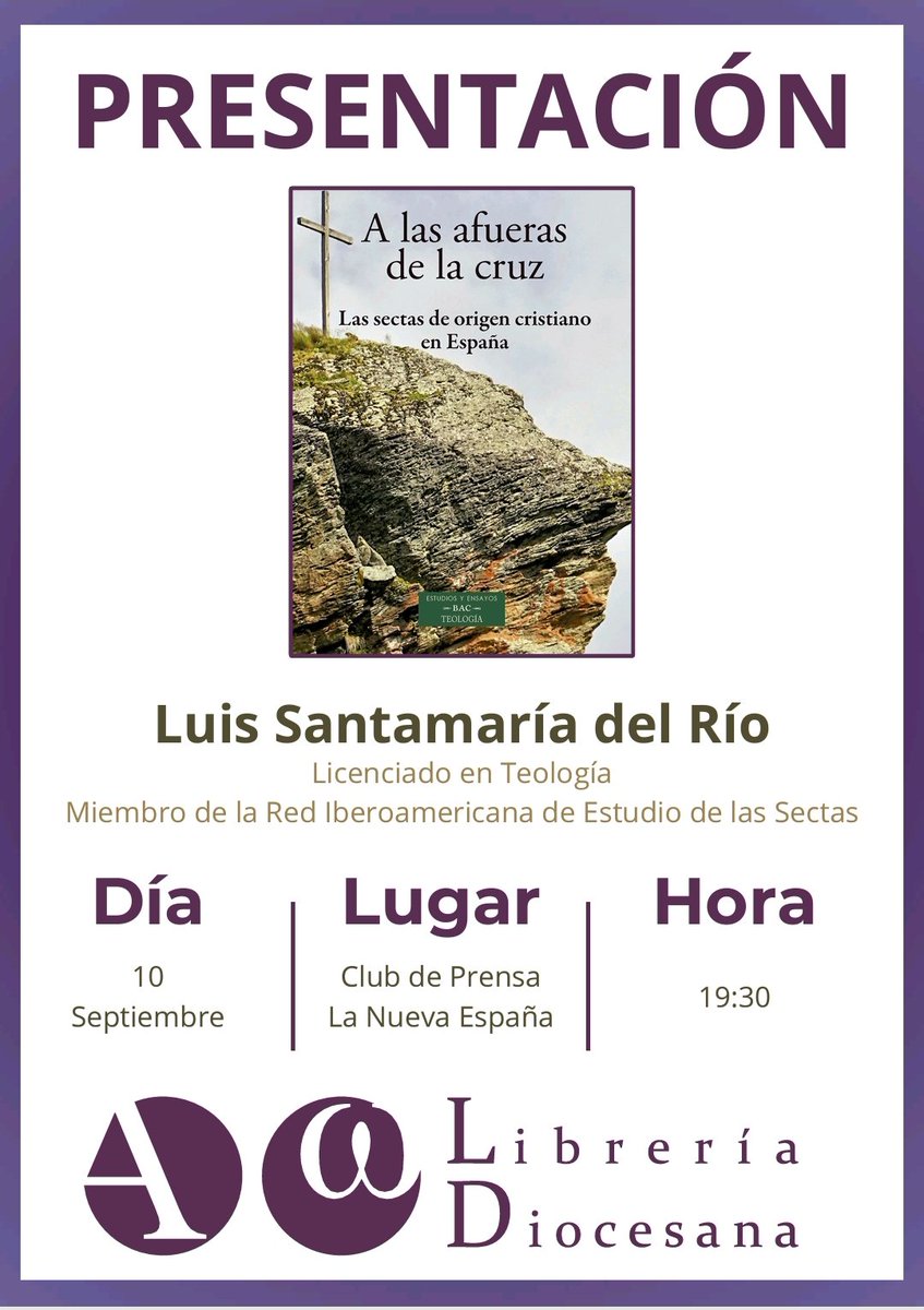 El martes 10 de septiembre presentaré en #Oviedo mi libro "A las afueras de la cruz. Las #sectas de origen cristiano en España" (<a href="/editorial_bac/">Biblioteca de Autores Cristianos</a>), invitado por la Librería Diocesana de <a href="/ArchiOviedo/">Arzobispado Oviedo</a>. Será a las 19:30 en el Club de Prensa de <a href="/lanuevaespana/">La Nueva España</a>
<a href="/jsmofm/">jesus sanz montes</a> <a href="/aytoviedo/">@aytoviedo</a>