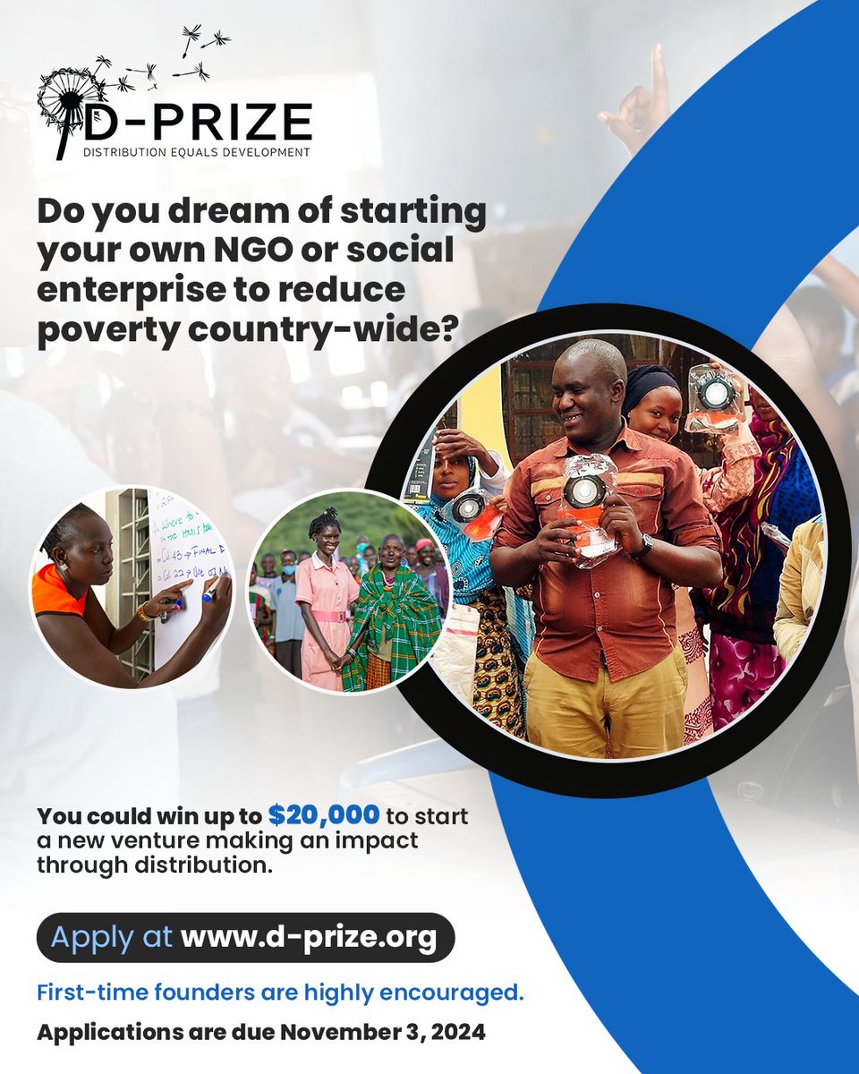The second D-Prize Global Competition of 2024 is now open! Are you a bold leader with a vision to fight poverty? Win up to $20K to turn your idea into impactful action through distribution. Apply now: d-prize.org 

#dprize #socent