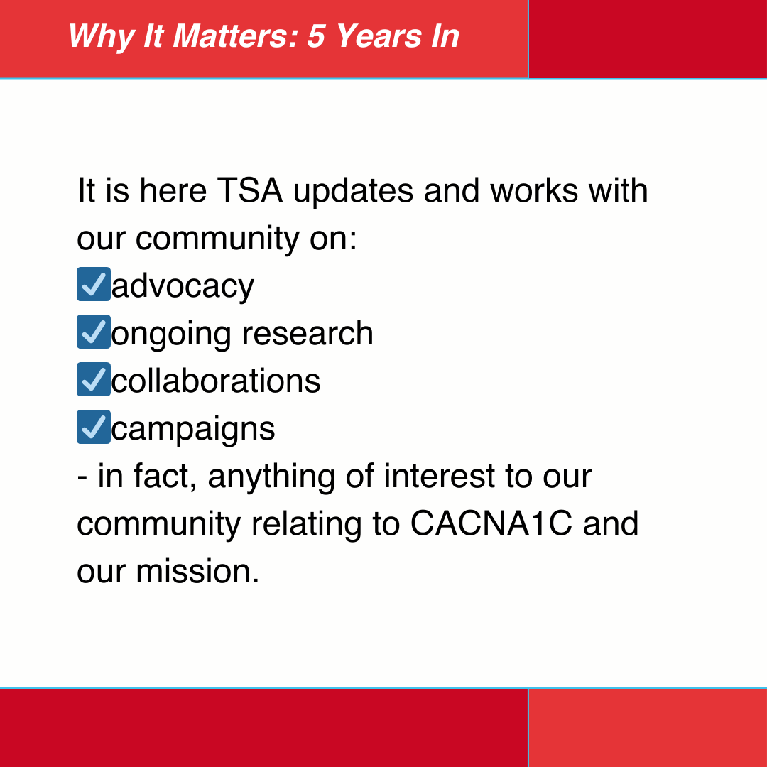 tsa_charity's tweet image. Together we aim to build upon the progress made in previous years and work towards new actions to address the priorities of our community.  #5YearsOfImpact #CACNA1C #TimothySyndrome #LongQT8 #StrongerTogether #RareDiseases #PatientVoice
