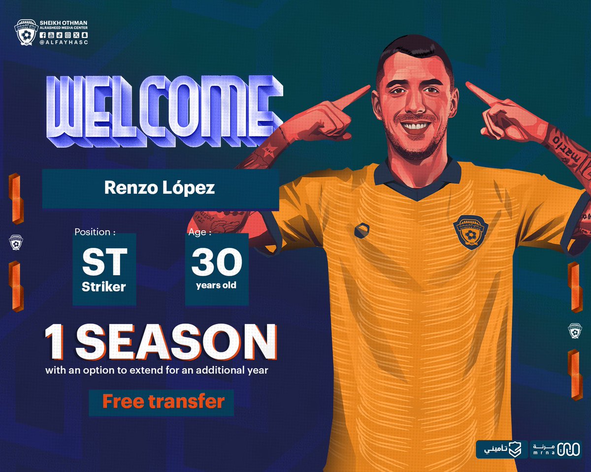 📝| The Board of Directors of #Alfayha has completed the signing of Uruguayan striker Renzo López for one year, with an option to extend for an additional year.  

#with_alfayha