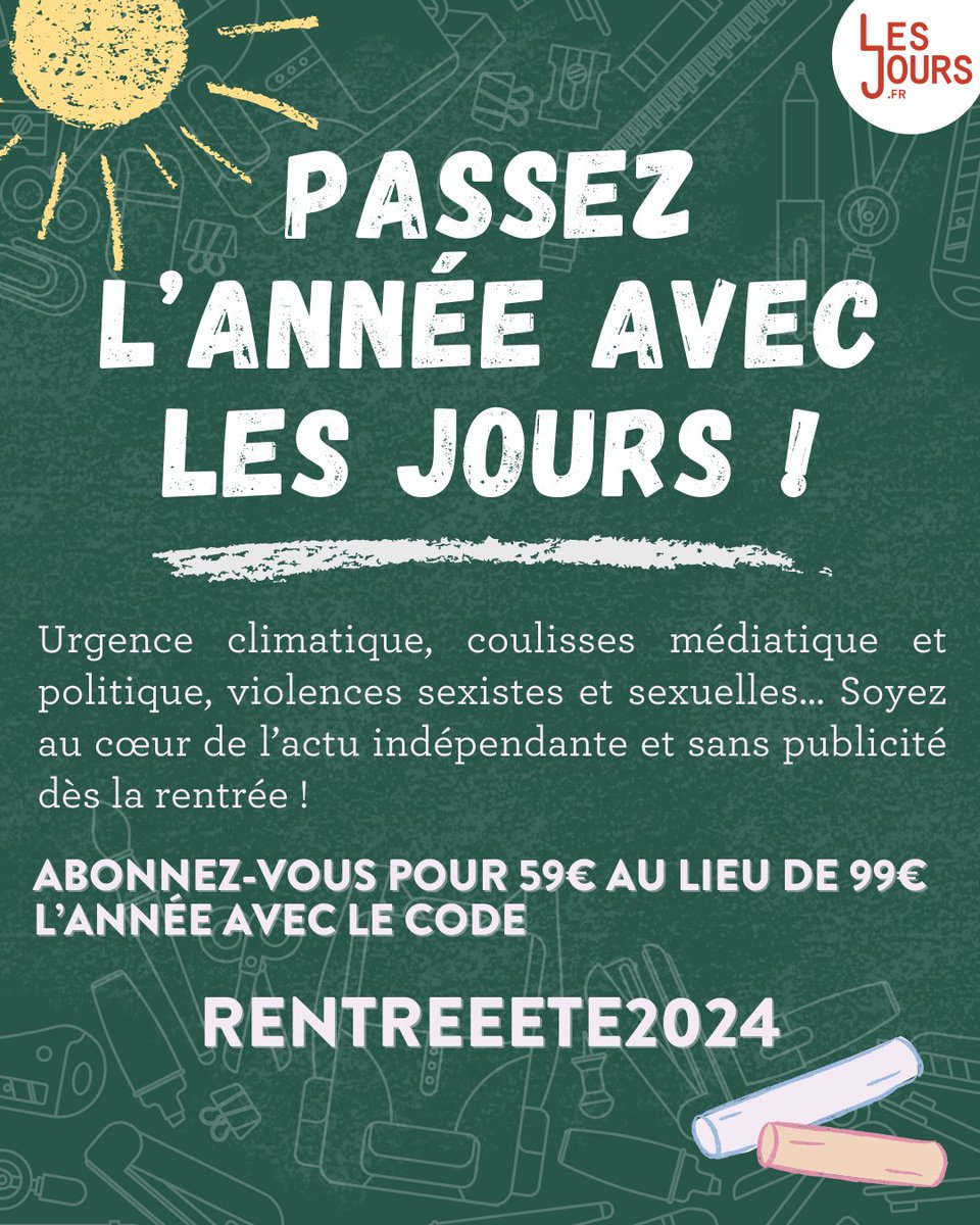🎯«Les Jours» s’engagent pour une info indépendante! Pour la rentrée, profitez de notre offre annuelle à 59€ au lieu de 99€!💥 Abonnez-vous maintenant pour soutenir un média indépendant qui vous éclairera toute l’année!
lesjours.fr/abonnement/cod…