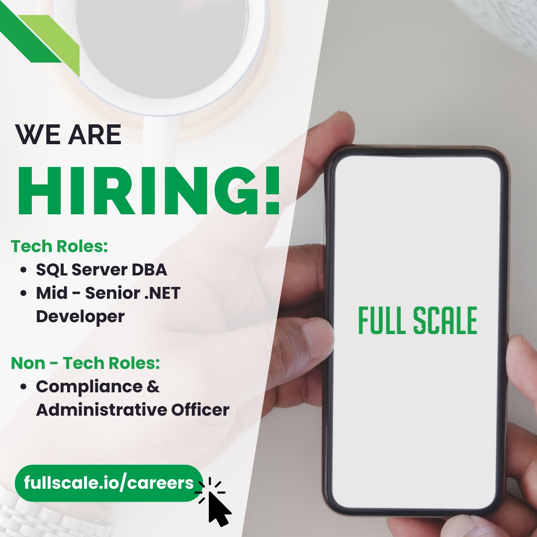 fullscalekc's tweet image. Work with Full Scale today! We are looking for the following roles to join our growing team.
Development Roles:
✔️ SQL Server DBA
✔️ .NET Developer (Mid - Senior Level)
Others:
✔️ Compliance & Administrative Officer
Message us or visit fullscale.io/careers 📨