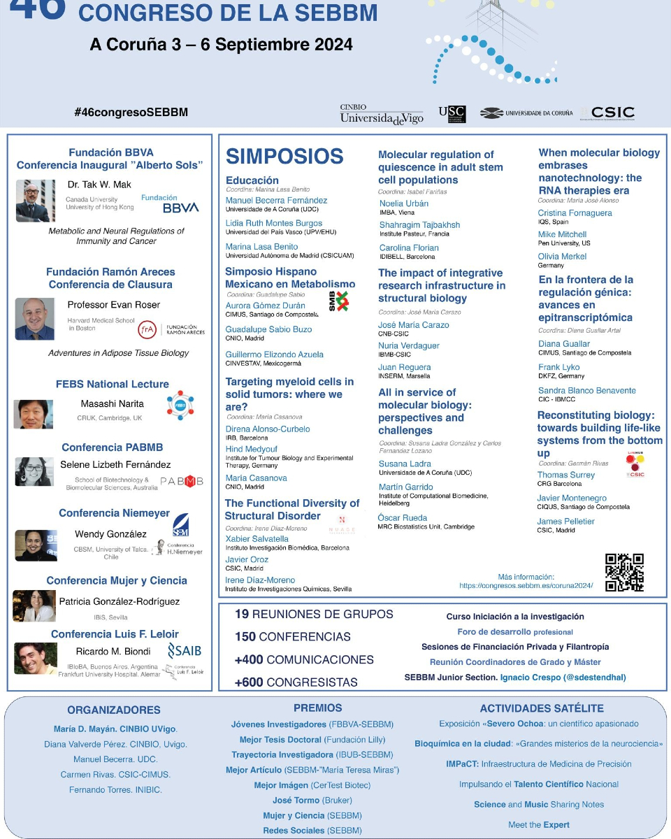 SEBBM_es's tweet photo. 🚀Arrancamos nuestro #46congresosebbm en 📍A Coruña @Palexco 

19 reuniones de grupos
150 conferencias
+400 comunicaciones 
+600 congresistas

👏Recuerda que desde hoy ya puedes disfrutar de alguna de nuestras #actividadessatelites ¡Te esperamos! https://t.co/WNY5kMupYr