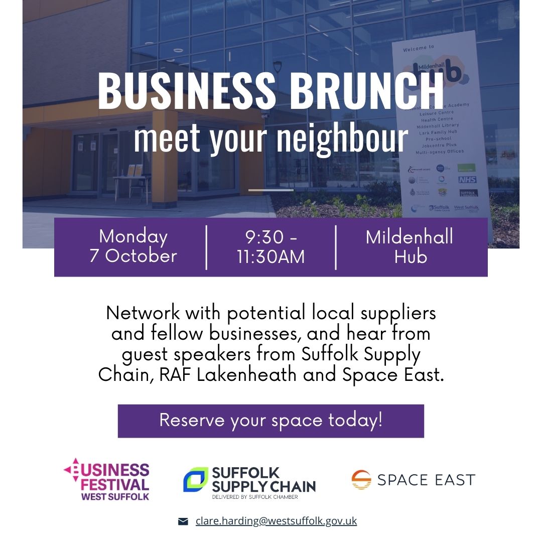 Calling all businesses, meet your neighbour at the Mildenhall Business Brunch, part of the West Suffolk Business Festival! Book your place today orlo.uk/LYlBa 
#WestSuffolkBusinessFestival #Mildenhall #SpaceEast #SuffolkSupplyChain