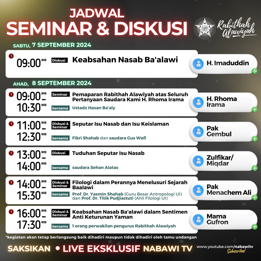 dpprabithah's tweet photo. Jadwal Seminar &amp; Diskusi Nasab Rabithah Alawiyah
 @dpprabithah @nabawitv https://t.co/wu8UU1fsLu