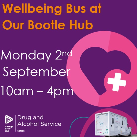 The wellbeing bus is at our Bootle office today offering:

Liver fibro scans

Hep C testing

Harm reduction advice

No appointment needed, for further info please email sefton.services@cgl.org.uk or send us a DM