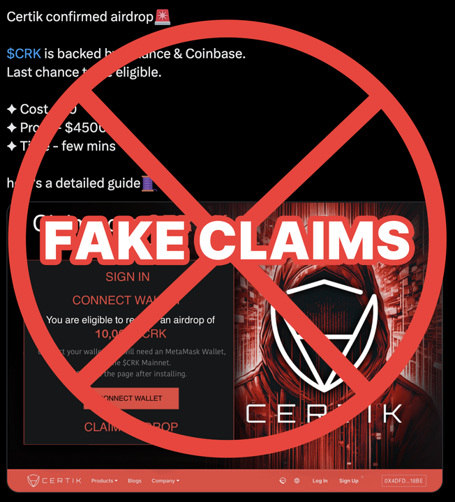CertiKAlert's tweet photo. #CertiKInsight 🚨

Beware of tokens using our name and misleading posts about airdrops or investments linked to CertiK. 

CertiK has no plans for any new token releases.

Always verify information through our official channels.
Stay safe and vigilant.

https://t.co/dKGJz0WxEE https://t.co/ST044wYwPo