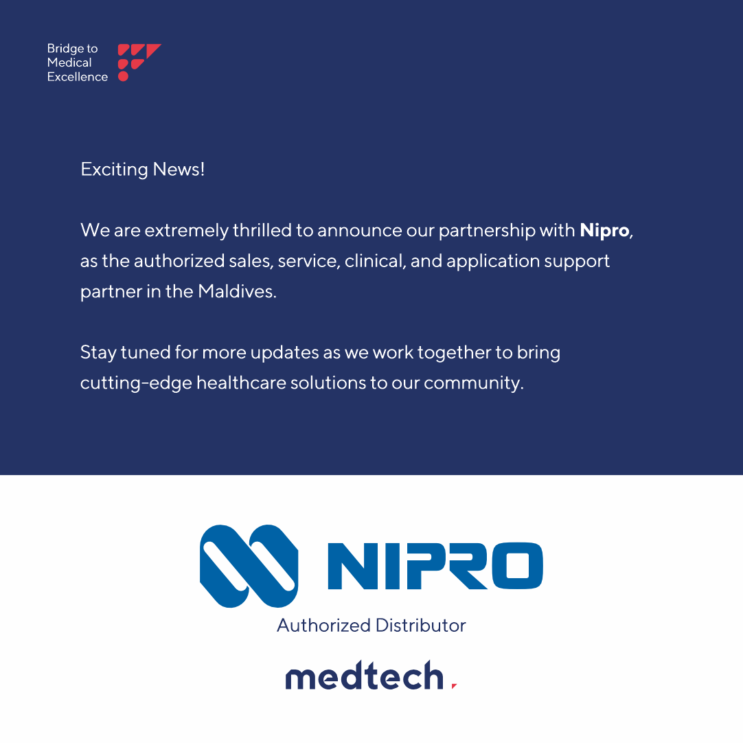 We are extremely pleased to announce our partnership with 𝗡𝗶𝗽𝗿𝗼, as the authorized sales, service, clinical, and application support in Maldives, marking a significant milestone in our journey.
#MedtechMaldives #Nipro #healcareinnovation #MeddicalExcellence