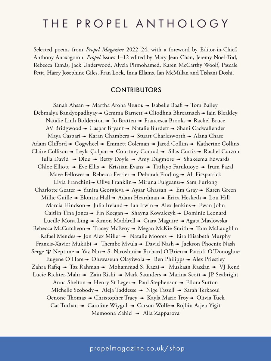 propelmagazine's tweet image. Join us in celebrating our first print ANTHOLOGY

Feat. poems selected from across our first 12 issues and a foreword from EIC @Anthony_Anax, the Anthology offers work from some of the most exciting poets in UK/IE who’d yet to publish a full collection

propelmagazine.co.uk/anthology