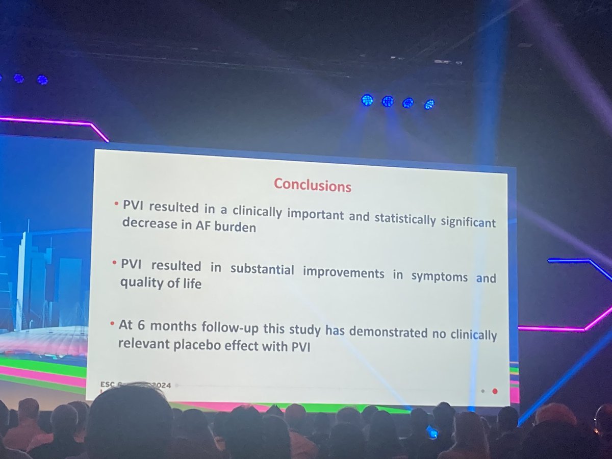 🔥HOT-LINE

SHAM-PVI RCT
👥126 #Afib pts undergoing 1st ablation
🎯PVI ⬇️AF burden &amp; ⬆️symptoms and QoL as compared with sham ablation procedure 

#ESCCongress #Epeeps <a href="/Dominik_Linz/">Dominik Linz</a> <a href="/ESC_Journals/">European Society of Cardiology Journals</a> <a href="/Phiso_de/">Philipp Sommer</a> <a href="/DavidDuncker/">David Duncker</a> <a href="/jongichun/">Julian Chun</a>
