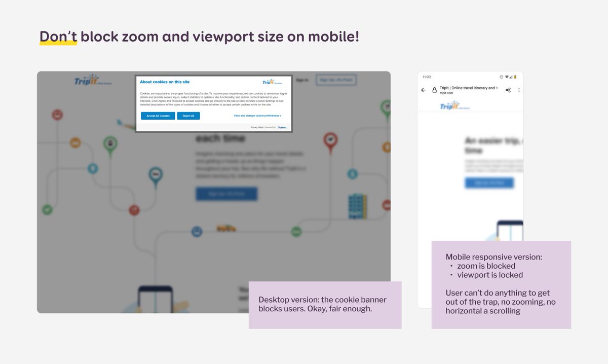 WalterStephanie's tweet photo. 2024, and some websites still block the zoom on mobile. What could possibly go wrong?
A lot of things, including: your cookie banner has an issue on mobile, and your user is now stuck, on mobile, on a blurry finger trap, with no option to get out. https://t.co/nedU8cyYp5